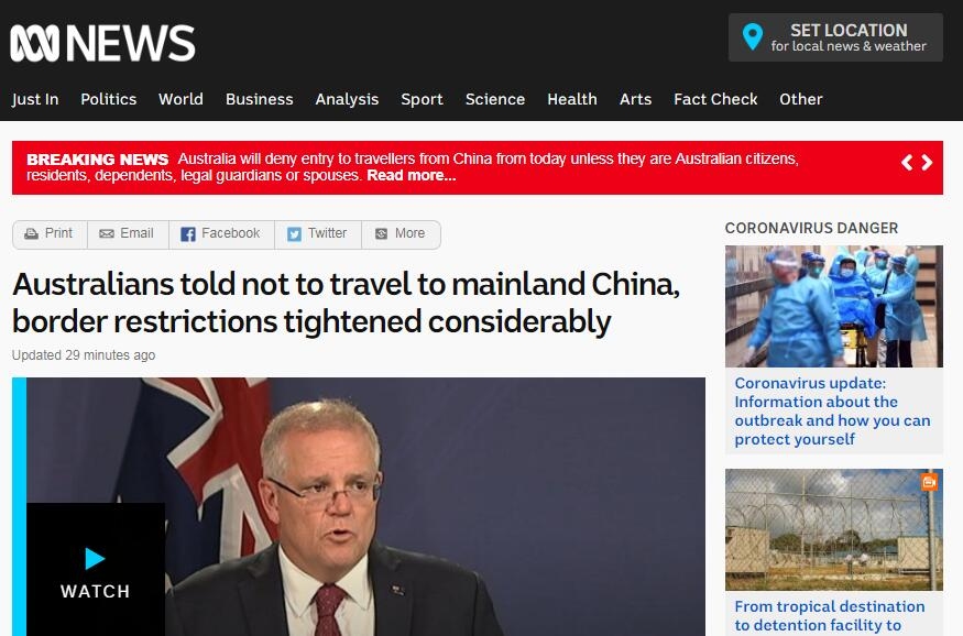 澳洲禁止所有從中國出發、轉機的外國旅客入境521099_ 澳洲禁止所有從中國出發、轉機的外國旅客入境