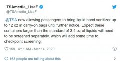 上海機場-美國TSA：疫情期間旅客可攜帶不超過354毫升的洗手液